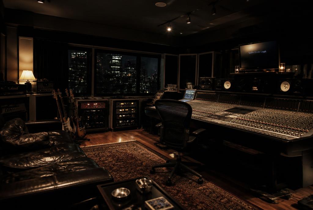 Inside a music studio at night