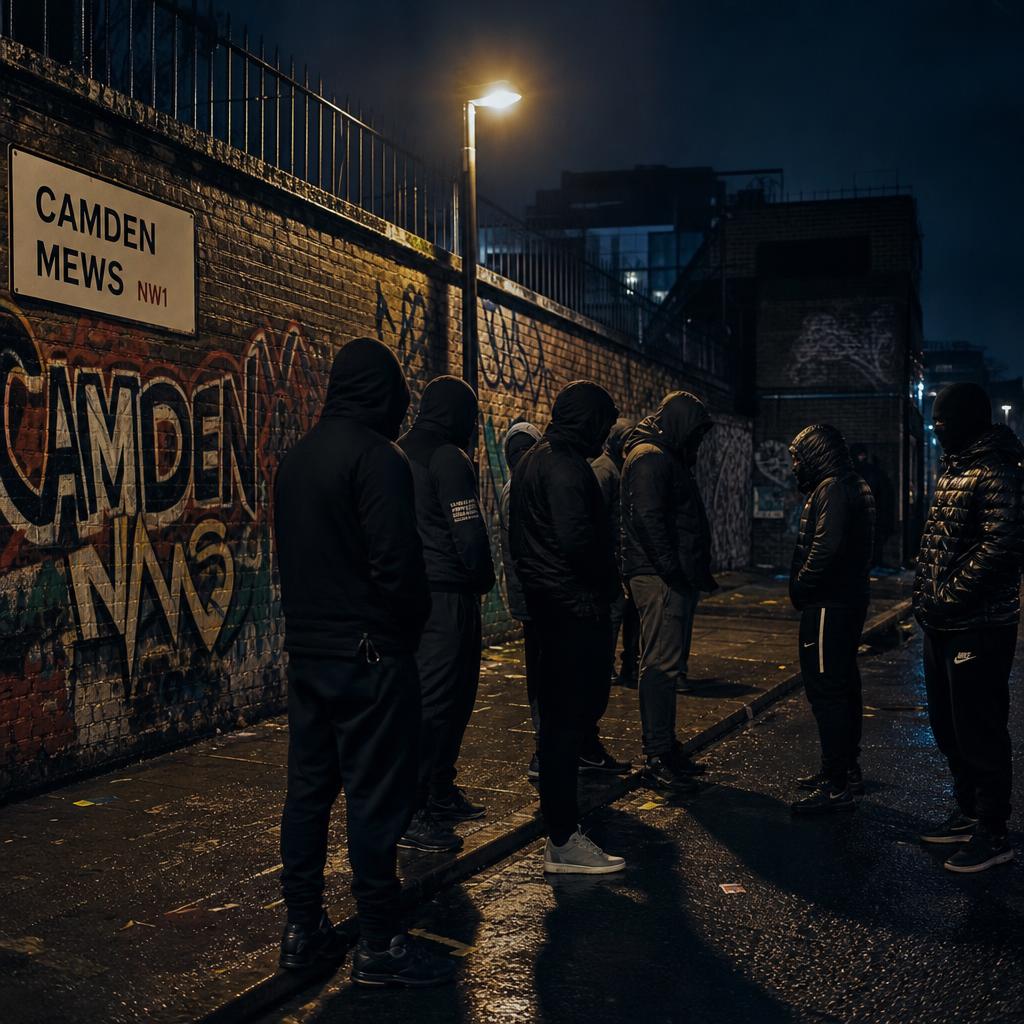 A hooded UK gang gathered on a rain-slicked Camden backstreet at night