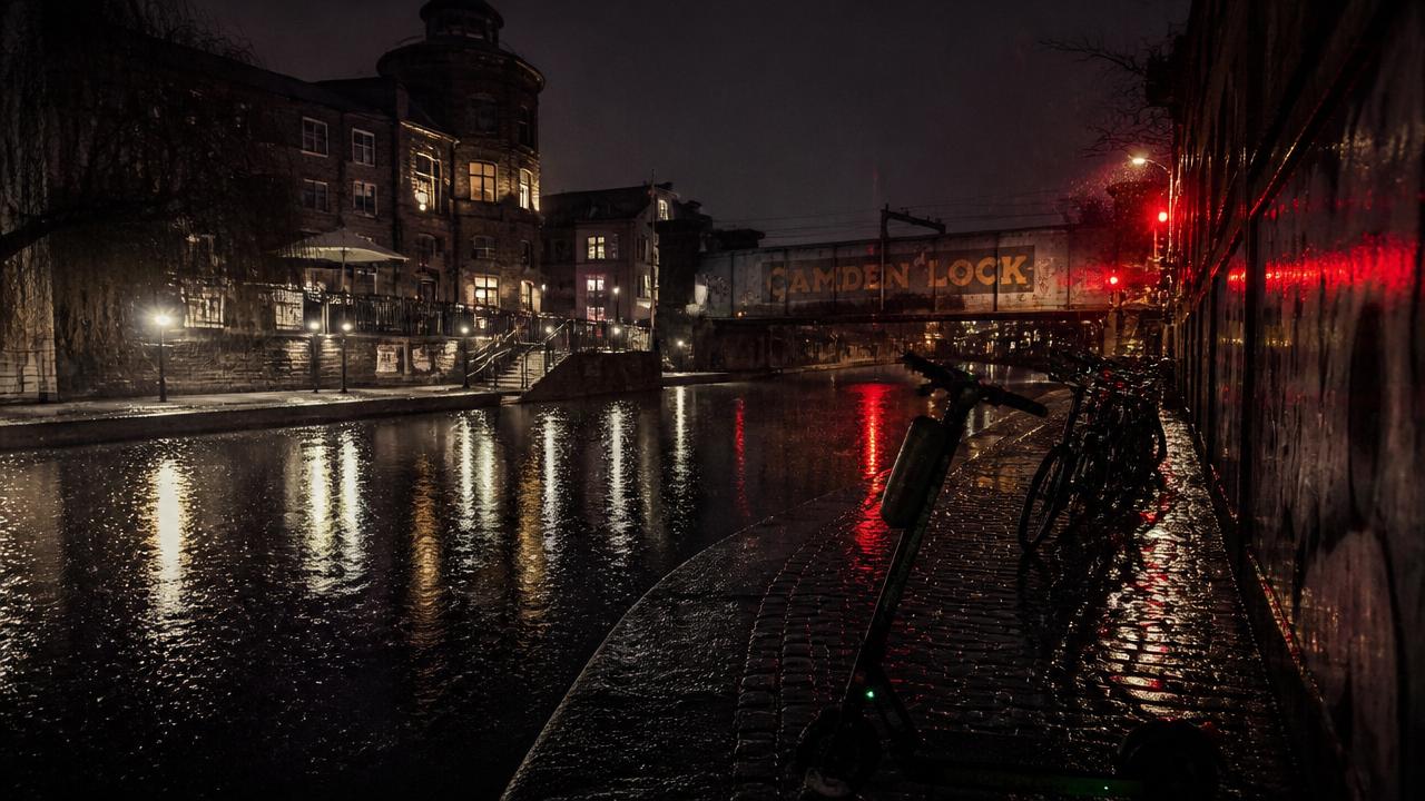 Camden Lock at night in the rain