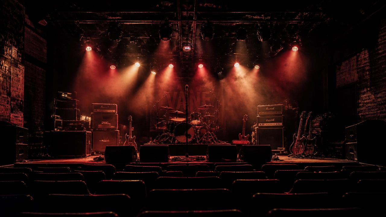 An empty stage at The Vane lit for a showcase