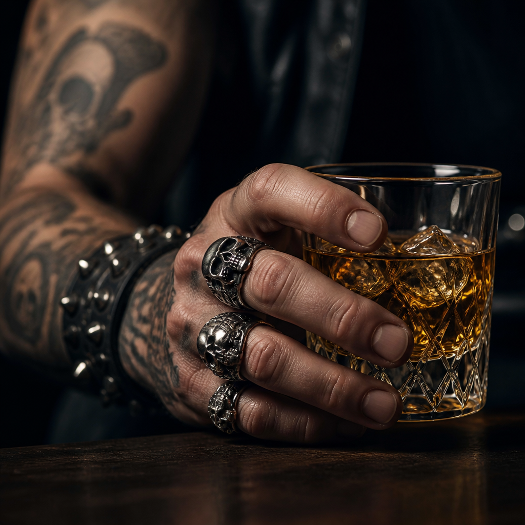 Tattooed hand with skull rings holding a whisky glass