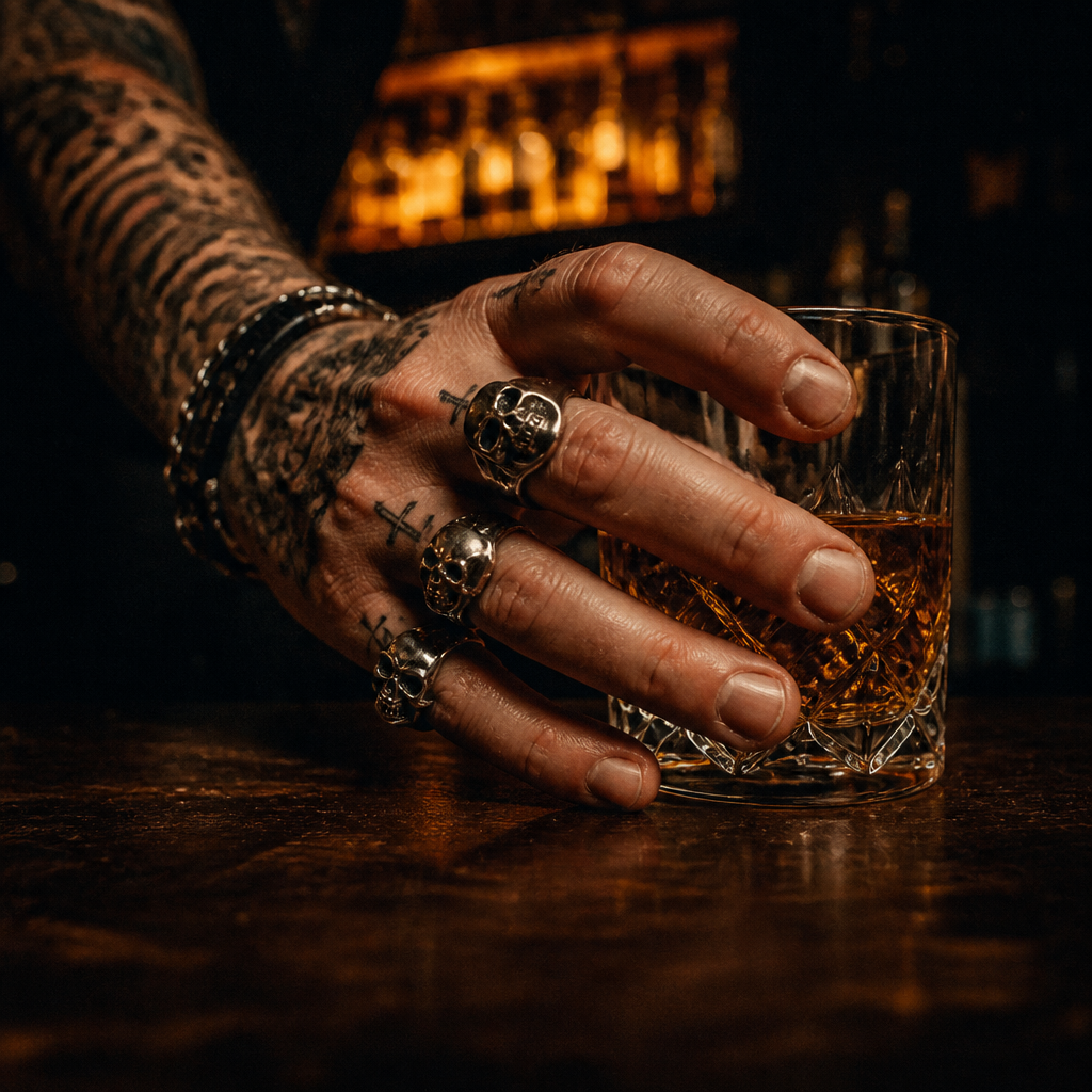 Tattooed hand throwing devil horns with skull rings